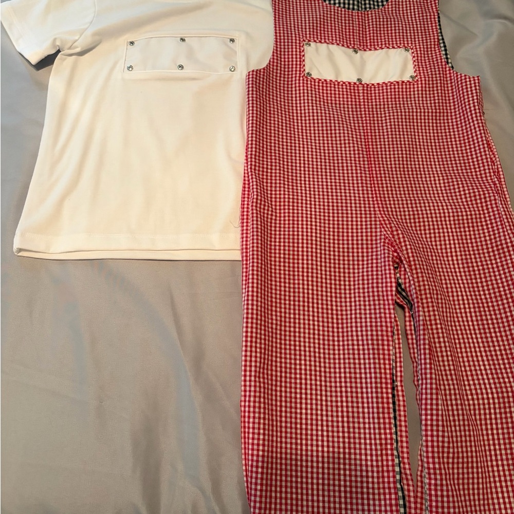 Red/Black Reversible Gingham Kids One-Piece Romper & White SS Tshirt.